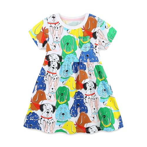 DAWILS Mädchen Kleider Sommer Kurzarm Hund Weiß Kleid Kinder Plissee Skater Schaukel Kleider Boho Strandkleid 7 Jahre von DAWILS