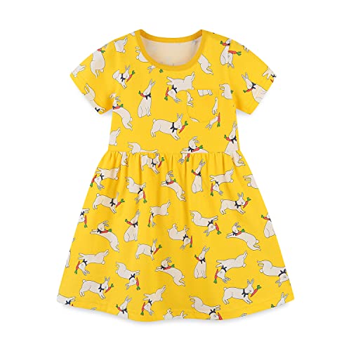 DAWILS Mädchen Kleider Sommer Kurzarm Kaninchen Gelb Kleid Kinder Plissee Skater Schaukel Kleider Boho Strandkleid 7 Jahre von DAWILS