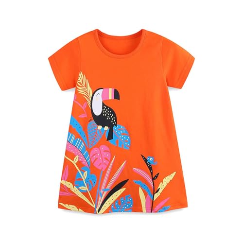 DAWILS Mädchen Kleider Sommer Kurzarm Papagei Orange Kleid Kinder Plissee Skater Schaukel Kleider Boho Strandkleid 7 Jahre von DAWILS