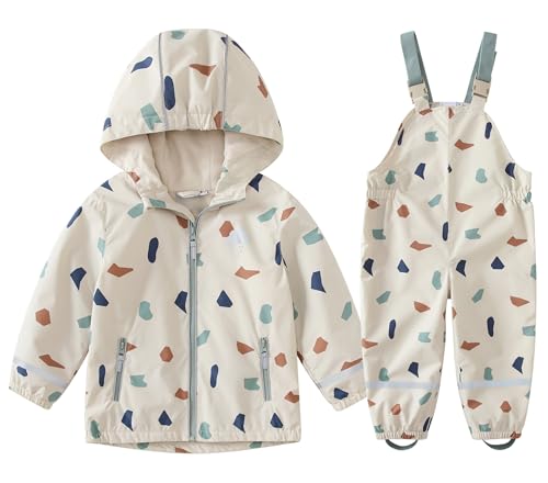 DAWILS Mädchen Regenjacke Regenhose Kinder Zweiteiliger Regenanzug Set Jungen Regenjacken Regenlatzhose Mäntel Baby Matschhose Regenbekleidung Wind- und Wasserdicht Bekleidungsset Geometrische 110 von DAWILS