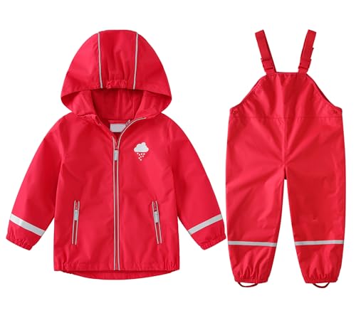 DAWILS Mädchen Regenjacke Regenhose Kinder Zweiteiliger Regenanzug Set Jungen Regenjacken Regenlatzhose Mäntel Baby Matschhose Regenbekleidung Wind- und Wasserdicht Bekleidungsset Rot 104 von DAWILS