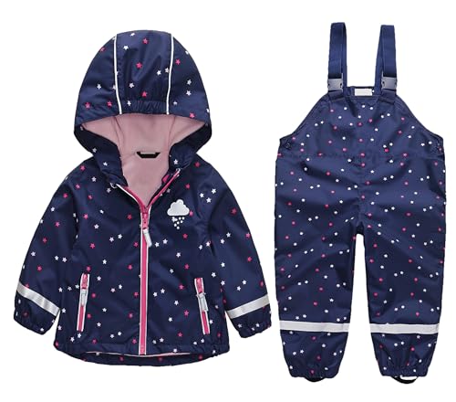 DAWILS Mädchen Regenjacke Regenhose Kinder Zweiteiliger Regenanzug Set Jungen Regenjacken Regenlatzhose Mäntel Baby Matschhose Regenbekleidung Wind- und Wasserdicht Bekleidungsset Sterne 122 von DAWILS