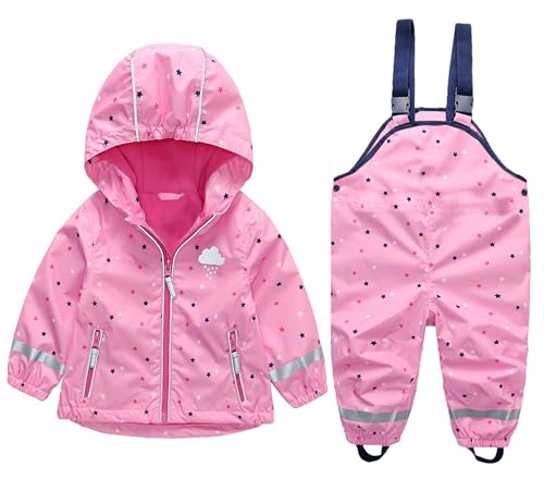 DAWILS Mädchen Regenjacke Regenhose Kinder Zweiteiliger Regenanzug Set Jungen Regenjacken Regenlatzhose Mäntel Baby Matschhose Regenbekleidung Wind- und Wasserdicht Bekleidungsset Sterne Rosa 110 von DAWILS