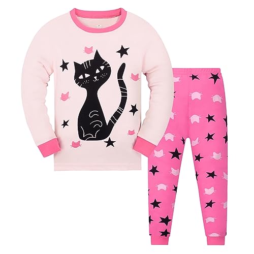 DAWILS Mädchen Schlafanzug Lang Kinder Katze Baumwolle Langarm Pyjama 128 von DAWILS