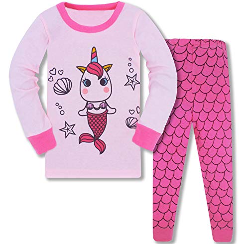 DAWILS Mädchen Schlafanzug Meerjungfrau Einhorn Baumwolle Pyjama mit Set Zweiteiliger Schlafanzug Langarm Shirt und Pyjamahose 128 von DAWILS