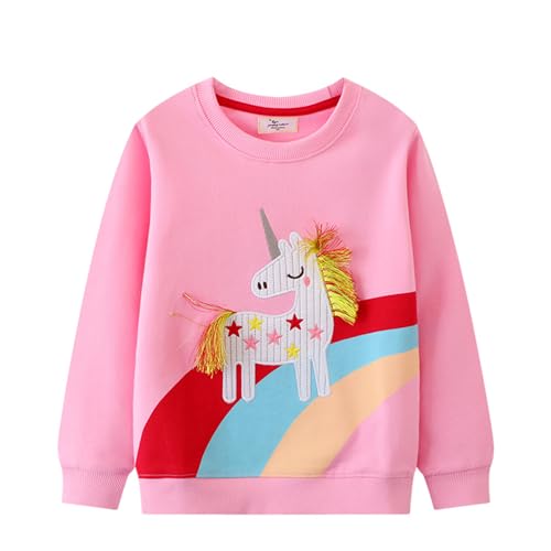 DAWILS Mädchen Sweatshirt Einhorn Regenbogen Rosa Baumwolle-Fleece Pullover Für Kinder Warme Dünne Sportwear Weihnachts Pullis Shirt Baby Jacke Oberteil 7 Jahre Gr.122 von DAWILS