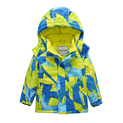 Jungen Wasserdichte Skijacke mit Kapuze Winddichte Fleece Schneejacke Kinder Outdoor Bergsteigen Trekking Regenjacke Ski Winterjacke Schnee Snowboard Wintersport Softshell Warm Mäntel Gelb Blau 122 von DAWILS