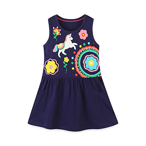 Mädchen Kleider Festlich Einhorn Navy Sommer Ärmellos Weste T-Shirt Kleid Schule Blusenkleid Partykleid Baumwolle Geburtstag Kleider 116/122 von DAWILS