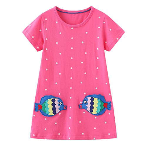 Mädchen Kleider Festlich Fisch Punkt Rosa Sommer Kurzarm Weste T-Shirt Kleid Schule Blusenkleid Partykleid Baumwolle Geburtstag Kleider 6 Jahre von DAWILS