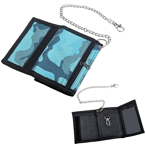 DAWRIS Geldbeutel Kinder Slim Geldbörse Jungen Camo Blau Portmonee Kinder mit Kette Clip Reißverschluss Faltbare Dreifache Kinder Portemonnaie Kindergeldbeutel Jungs Wallet für Teenager Jungen Herren von DAWRIS