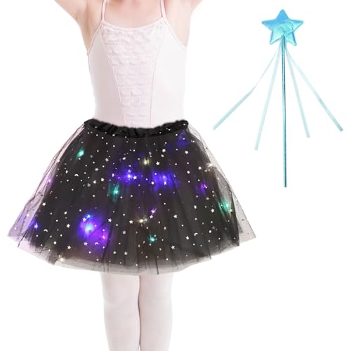 DAWRIS Tüllrock Mädchen, LED Tütü Tutu Tüllrock, Sterne Pailletten Tanzkleid, Dehnbaren Minirock Mit LED Lichter, Halloween Karneval Party Tanzen Fancy Dress,Tütü Lichterkette Tutu für Ballett von DAWRIS