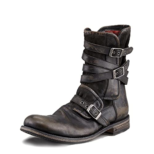 DAWUDE Herren Steampunk Stiefel Mittelalterliche Retro PU Leder Kurze Welle Ritter Schuhe Outdoor Halb High Heel Boot Schuhe mit seitlichem Reißverschluss,Kaffee,44 von DAWUDE