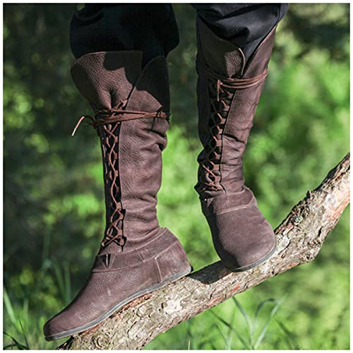 DAWUDE Mittelalterliche Retro PU Leder Stiefel Männer Prinz Ritter Cosplay Kurze Ankle Boots Gothic Karneval Party High Tube Bandage Schuhe,Braun,40 von DAWUDE