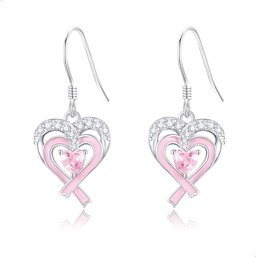 Brustkrebs Ohrringe 925 Sterling Silber Herz Rosa Schleife Hängend Ohrringe Brustkrebs Überlebende Schmuck Brustkrebs Bewusstsein Geschenke für Damen Frauen Mädchen von DAYLINLOVE