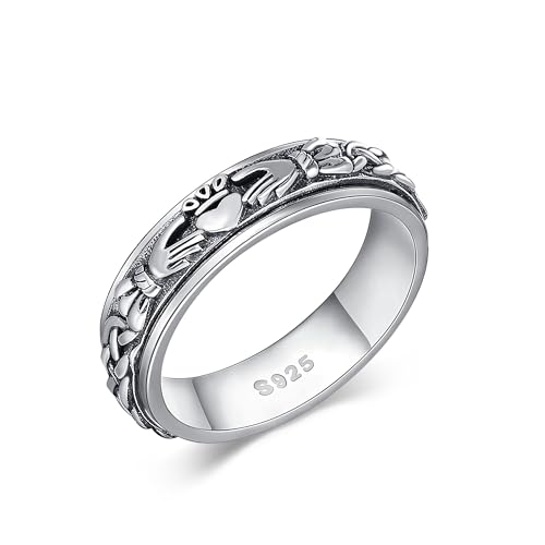 Claddagh Fidget Spinner Ringe 925 Sterling Silber Keltischer Knoten Angst Ring Ewigkeit Liebe Irischer Claddagh Schmuck Geburtstags Geschenke für Damen Frauen Mädchen Männer Mutter Ehefrau (Größe 8) von DAYLINLOVE