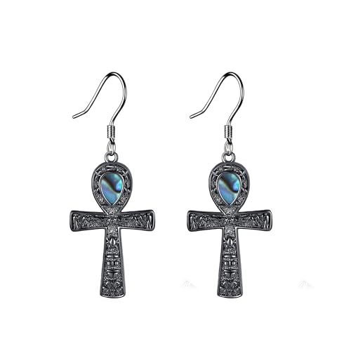 DAYLINLOVE Ankh Ohrringe 925er Sterling Silber Schwarze Ankh Abalone Muschel Hängend Ohrringe Altägyptischer Skarabäus Schmuckgeschenke für Damen Männer von DAYLINLOVE