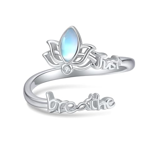 DAYLINLOVE Atme Einfach Ring 925er Sterling Silber Lotus Mondstein Verstellbarer Offener Daumen Ring Angst Inspirierend Schmuckgeschenke für Damen Frauen Mama Oma von DAYLINLOVE