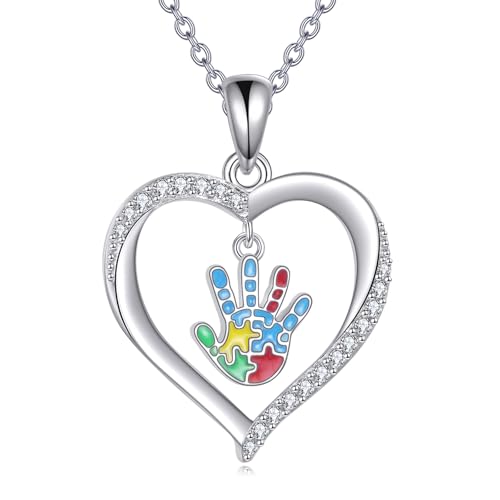 DAYLINLOVE Autismus Bewusstsein Halskette 925 Sterling Silber Anhänger-Halskette mit Puzzlestück für Autismus ASD Autismus Schmuck für Frauen Inspirierende Geschenke für das Bewusstsein für Autismus von DAYLINLOVE