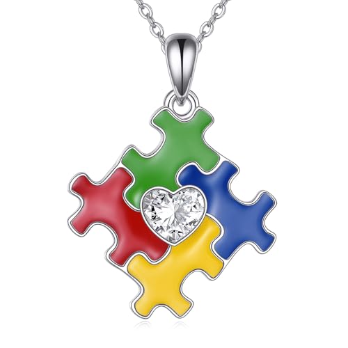 DAYLINLOVE Autismus-Bewusstseins-Halskette S925 Sterlingsilber Autismus-Puzzleteil-Anhänger-Halskette Inspirierender Schmuck für Frauen Gehirn Autismus-Bewusstseins-Geschenke von DAYLINLOVE