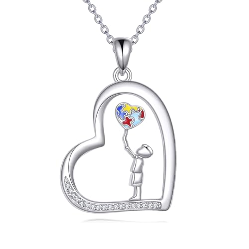 DAYLINLOVE Autismus Bewusstseins Kette 925er Sterling Silber Autismus Puzzleteil Herz Form Anhänger Halskette ASD Autismus Schmuck Geschenke für Damen Mädchen von DAYLINLOVE