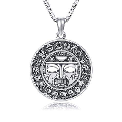 DAYLINLOVE Azteken Halskette 925 Sterling Silber Azteken Maya Kalender Anhänger Halsketten Amulett Aztekenschmuck Geschenke für Männer Frauen von DAYLINLOVE