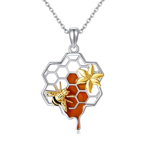 DAYLINLOVE Bienen Kette 925er Sterling Silber Honigbiene Lilienblume Anhänger Halskette Käfer Schmuck Geschenk Damen Mädchen Frauen Mutter Unisex Bienenliebhaber von DAYLINLOVE