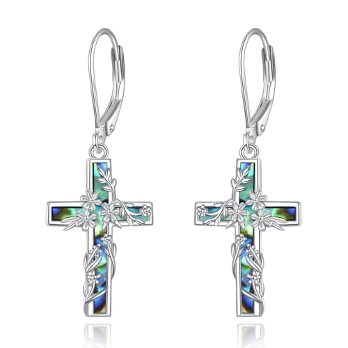 DAYLINLOVE Blumen Kreuz Ohrringe 925 Sterling Silber Kreuz Dangle Drop Leverback Religiöser Schmuck Geburtstags Geschenke für Frauen Mädchen Freunde von DAYLINLOVE