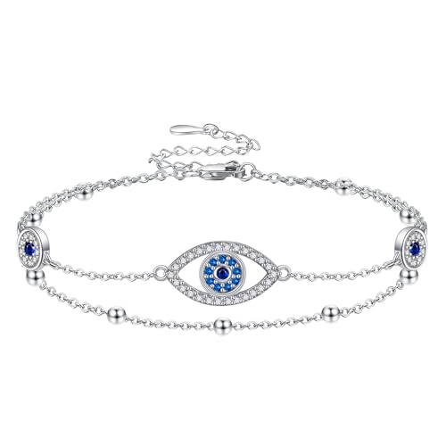 DAYLINLOVE Böser Blick Fußkette 925 Sterling Silber Blaues Griechisches Evil Eye Knöchelarmband Türkischer Schutz Dritte Einstellbare Fußschmuck für Frauen Mädchen von DAYLINLOVE