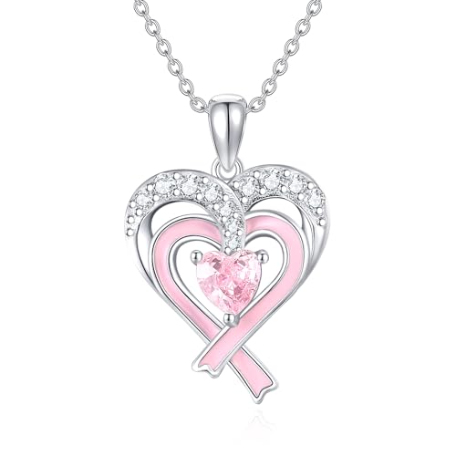 DAYLINLOVE Brustkrebs Bewusstseins Halskette 925 Sterling Silber Herz Anhänger mit rosa Schleife Brustkrebs Überlebende Schmuck Geschenke für Frauen von DAYLINLOVE