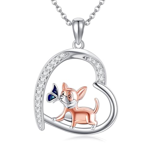 DAYLINLOVE Chihuahua Hund Kette 925 Sterlingsilber Schmetterling Chihuahua Herzform Anhänger Halskette Hund Tier Schmuck Geschenk für Damen Mädchen Frauen Mutter Chihuahua Liebhaber von DAYLINLOVE