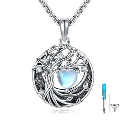 DAYLINLOVE Circle of Life Urne Kette für Asche 925 Sterling Silber Baum des Lebens Mondstein Anhänger Halskette Einäscherung Gedenkstätte Schmuck Geschenk für die Asche Geliebter Menschen für Damen von DAYLINLOVE