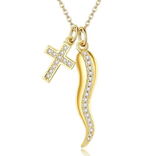 DAYLINLOVE Cornicello Halskette 925 Sterling Silber Vergoldet Italienisch Horn Halskette Kreuz Anhänger Glück Schutz Amulett Schmuck Geschenk Für Frauen von DAYLINLOVE
