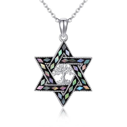 DAYLINLOVE Davidstern Kette 925er Sterlingsilber Baum des Lebens Abalone Muschel Anhänger Halskette Sechseck Jüdischer Stern Religiös Schmuck Geschenke für Männer Damen Frauen Mädchen von DAYLINLOVE