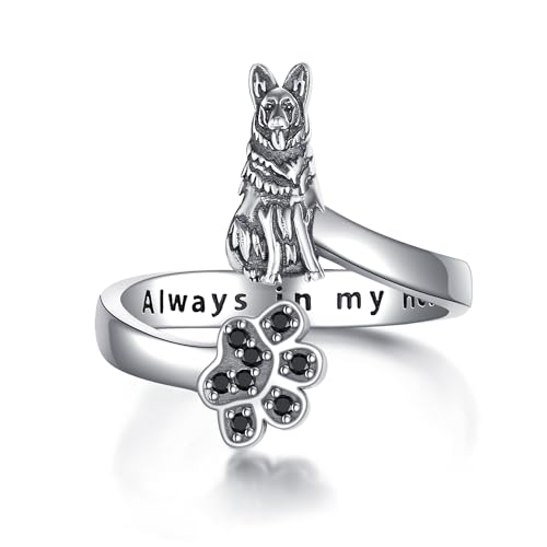 DAYLINLOVE Deutscher Schäferhund Ring 925er Sterling Silber Pfotenabdruck Einstellbarer Offener Daumen Ring Deutscher Schäfer Hund Schmuckgeschenke für Damen Männer von DAYLINLOVE