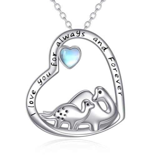 DAYLINLOVE Dinosaurier Kette 925er Sterling Silber Mondstein Mutter Tochter Herzform Anhänger Kette Dinosaurier Schmuckgeschenke für Damen Frauen Mädchen von DAYLINLOVE