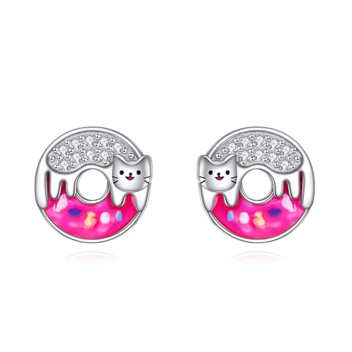 DAYLINLOVE Donut Ohrringe 925er Sterling Silber Ohrstecker Katzen Donut Motiv Rosa Donut Lebensmittel Schmuck Geschenk für Damen Mädchen Frauen Mutter Donut Liebhaber von DAYLINLOVE