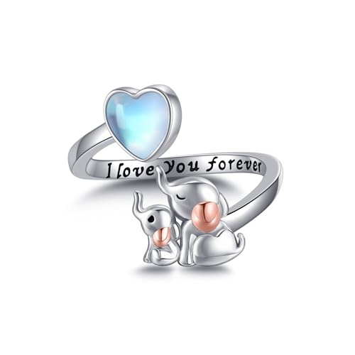 DAYLINLOVE Elefanten Mutter Tochter Ring 925er Sterlingsilber Elefanten Mondstein Einstellbarer offener Daumen Ring Elefant Familien Mütter Schmuck Geschenke für Damen Frauen Mama Großmutter von DAYLINLOVE