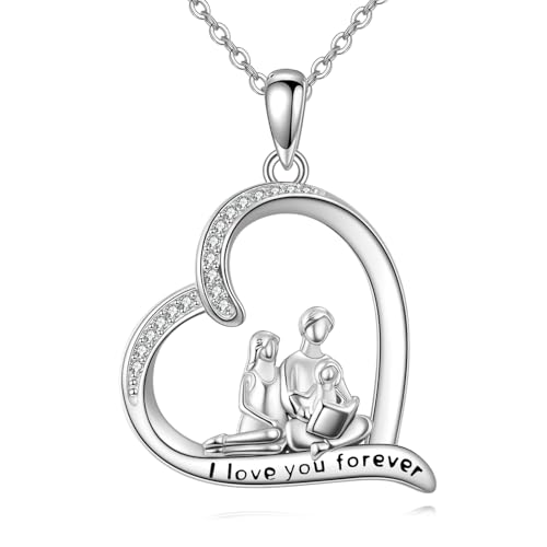 DAYLINLOVE Eltern und Kind Familie Halskette 925 Sterling Silber Mütter Vater Kind im Herzen Anhänger Familie Zuneigung Schmuck Geschenke für Familien von DAYLINLOVE