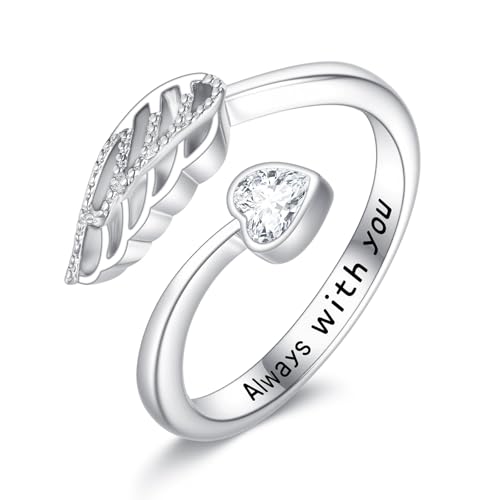 DAYLINLOVE Engelsflügel Ring 925 Sterling Silber Feder Verstellbarer Offener Daumen Ring Christlicher Religiöser Jubiläums Schmuck Geschenk für Frauen Mütter Omas (6) von DAYLINLOVE