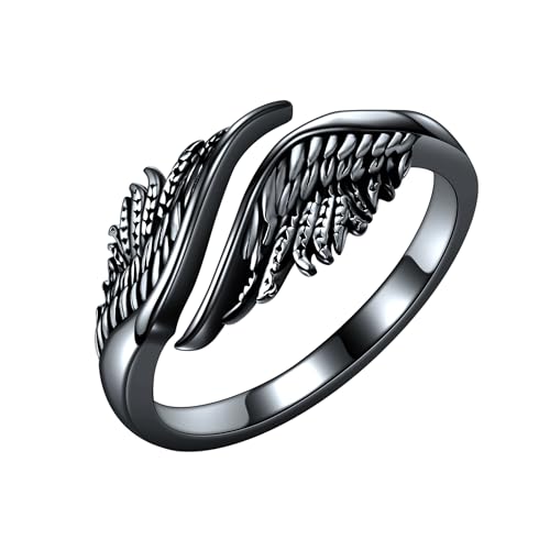 DAYLINLOVE Engelsflügel Ring 925er Sterling Silber Feder Engelsflügel Verstellbarer Offener Daumen Ring Engel Christlicher Religiöser Schmuck Jahrestag Valentinstag Geschenke Damen Mädchen(Schwarz) von DAYLINLOVE