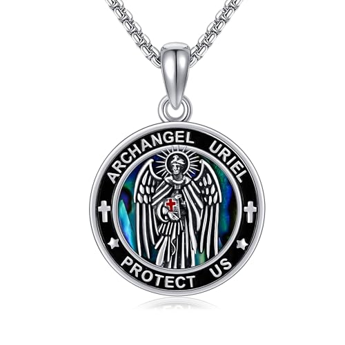 DAYLINLOVE Erzengel Uriel Kette 925 Sterling Silber Heilige Uriel Abalone Muschel Anhänger Halskette Christliches Religiöses Amulett Katholische Medaillons Schmuck Geschenk für Damen Herren von DAYLINLOVE