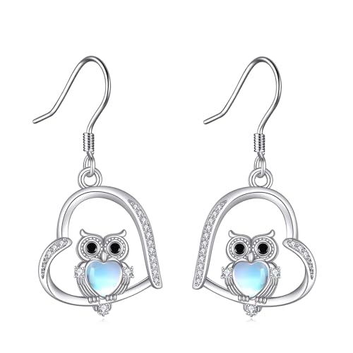 DAYLINLOVE Eulen Ohrringe 925er Sterling Silber Mondstein Herzform Hängend Ohrhänge Eule Schmuckgeschenke für Damen Frauen Mädchen von DAYLINLOVE