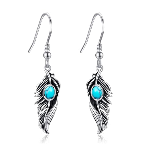 DAYLINLOVE Federohrringe für Damen 925er Sterlingsilber Türkisfarbene Federn Hängend Ohrringe Westernfeder Schmuck Geschenk für Damen Mädchen Frauen Mutter Federliebhaber von DAYLINLOVE