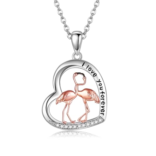 DAYLINLOVE Flamingo Kette 925er Sterling Silber Paare Flamingo Liebesherz Anhänger Halskette Vogel Tier Schmuck Geschenk für Damen Mädchen Frauen Mutter Flamingo Liebhaber von DAYLINLOVE