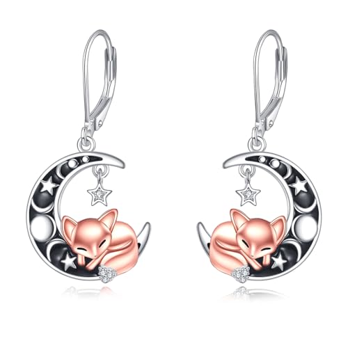 DAYLINLOVE AXOMY Fox Ohrringe 925 Sterling Silber Cute Fox And Moon Dangle Drop Ohrringe Schmuck Geschenke für Frauen Mom Fox Lovers von DAYLINLOVE