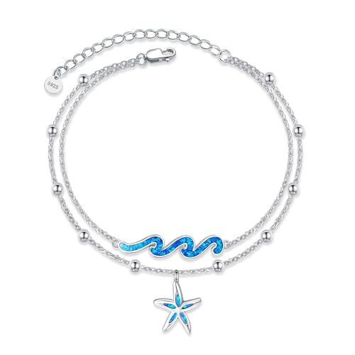 DAYLINLOVE Fußkettchen mit Seestern und Wellen Sterling Silber Fußkettchen mit blauem Opal Seestern und Wellen mehrlagig Ozeanwellen Schmuck für Damen von DAYLINLOVE