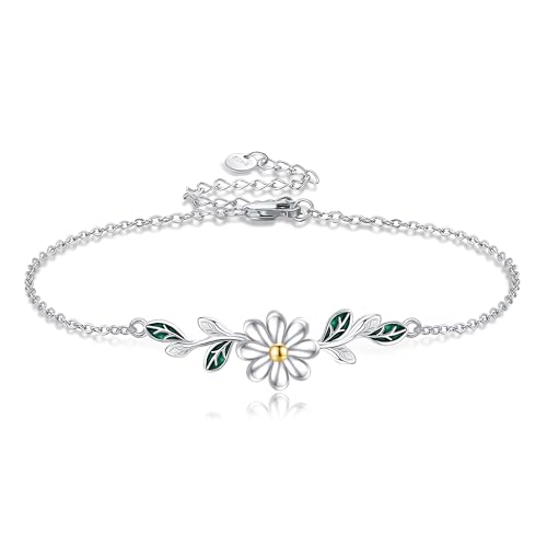 DAYLINLOVE Gänseblümchen Armband 925 Sterling Silber Blatt Armbänder Blumenschmuck für Frauen Liebhaber Mutter Ehefrau von DAYLINLOVE