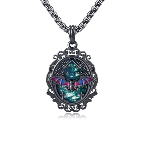 DAYLINLOVE Gothic Fledermaus Kette 925er Sterlingsilber Goth Cameo Fligree Moosachat Anhänger Halskette Gothic Fledermaus Schmuck Geschenk für Damen Mädchen Frauen Mutter Unisex Goth Liebhaber von DAYLINLOVE