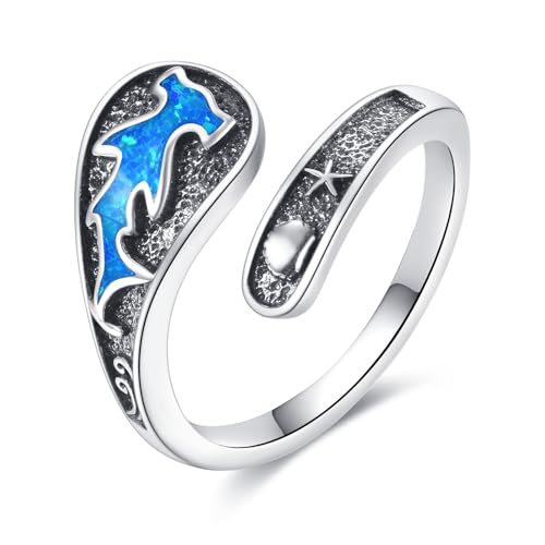 DAYLINLOVE Hammerkopf Hai Löffel Ring 925er Sterling Silber Hai Blau Opal Einstellbarer Offener Daumen Ring Ozean Schmuck Geschenke für Damen Mädchen von DAYLINLOVE