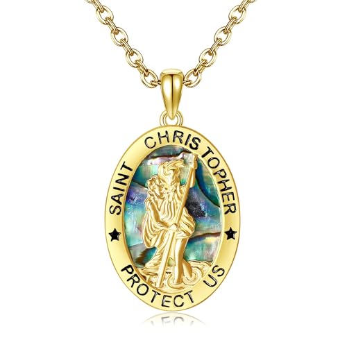 DAYLINLOVE Heiligem Christophorus Kette 925er Sterling Silber Medaillen Abalone Muschel Anhänger Halskette Christlich Katholischer Medaille Religiöser Schmuck Geschenk für Damen Mädchen Frauen Mutter von DAYLINLOVE